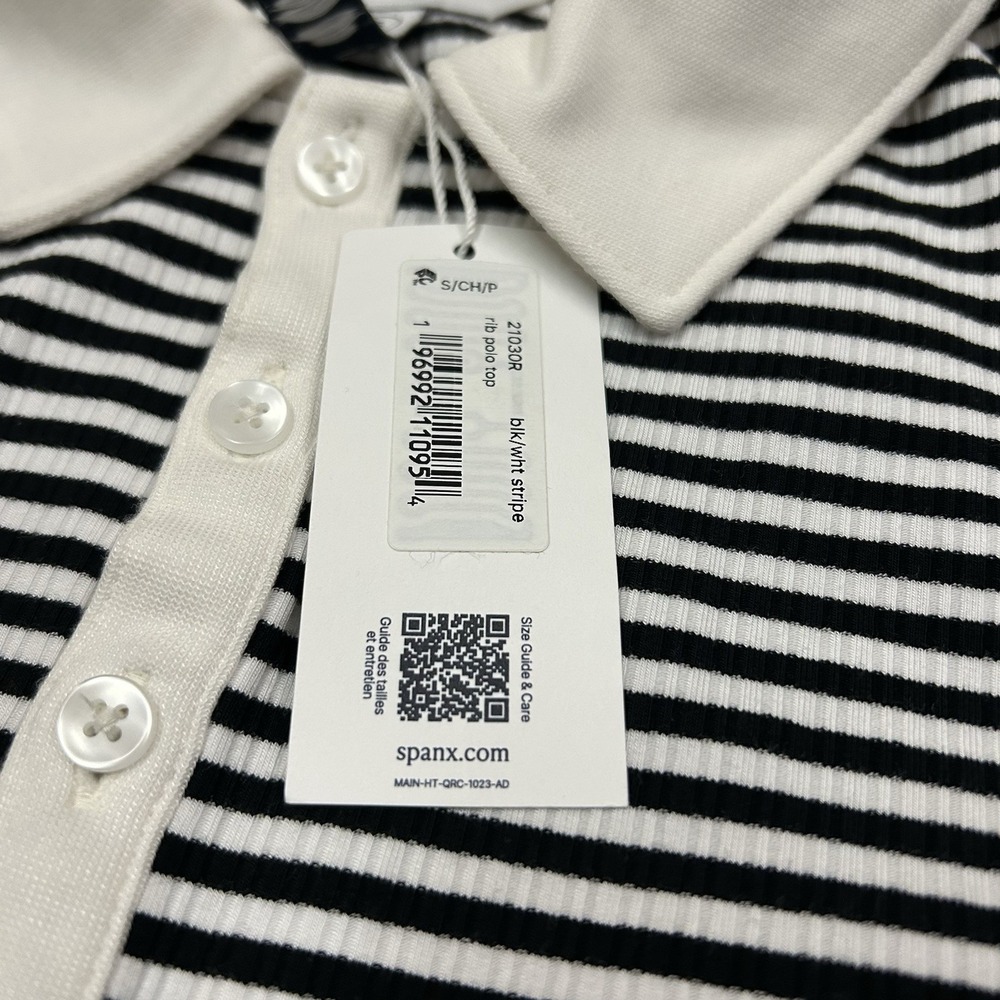 Spanx Rib Polo Top Womens Small Black White Stripe Stretch New with Tags NWT - Picture 7 of 9